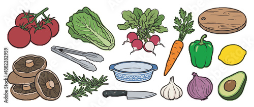 Collection of hand-drawn fresh vegetables and kitchen utensils for cooking healthy meals, including tomatoes, lettuce, carrots, and a knife in a rustic cartoon style