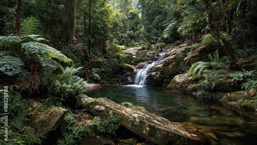 Lush Rainforest Waterfall and Pool