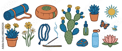 Collection of hand-drawn yoga and meditation items including a mat, cushion, mala beads, and incense in a colorful doodle style for wellness and self-care concepts