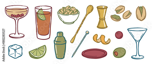 Collection of hand-drawn cocktail elements including glasses, a shaker, bar tools, and garnishes like olives and lime, illustrated in a charming retro doodle style for mixology concepts