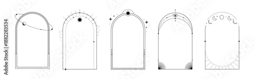 Set of arched frames with celestial symbols, mystical and esoteric illustration. Line drawing of frames with celestial symbols.