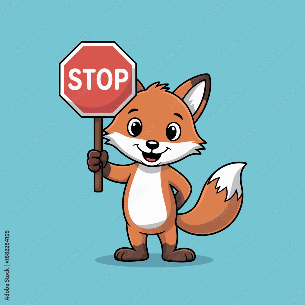Obraz premium A cartoon fox holding a stop sign in a playful and cheerful manner.