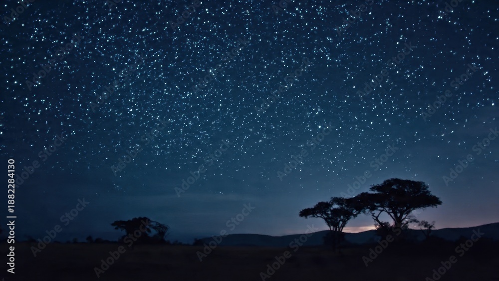 Naklejka premium Night Sky with Stars and Silhouetted Trees