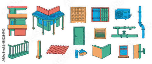 Set of colorful hand-drawn building elements including windows, doors, pipes, and roofing in a simple cartoon doodle illustration style with an isometric perspective