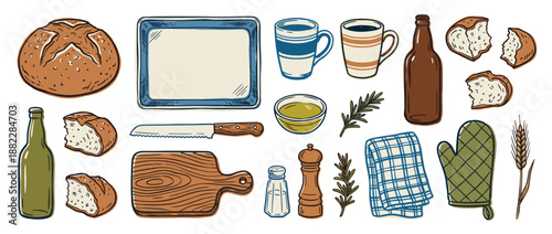 Hand-drawn illustration set of rustic kitchenware with bread, bottles, a cutting board, mugs, and herbs in a charming vintage doodle style