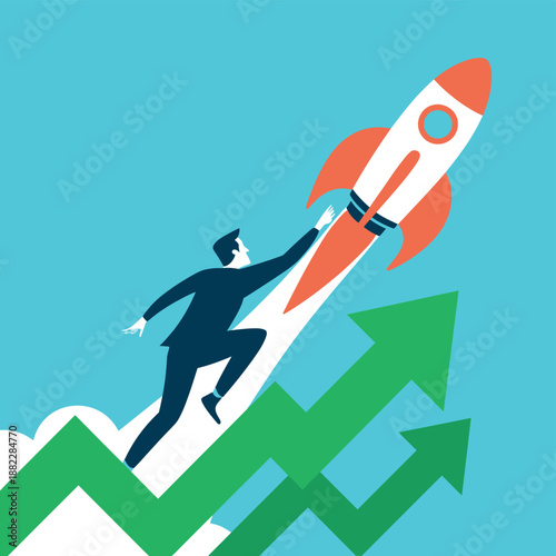 A businessman in a suit is running up a green arrow with a rocket ship blasting off into the sky