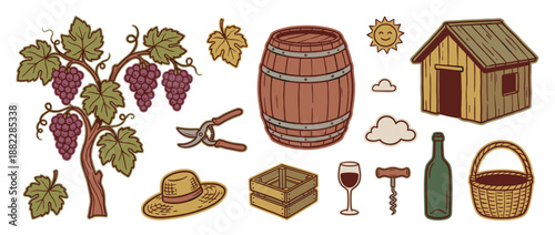 Hand-drawn collection of winemaking and vineyard icons with a grapevine, wooden barrel, wine bottle, glass, corkscrew, and rustic farm elements in a vintage doodle illustration style