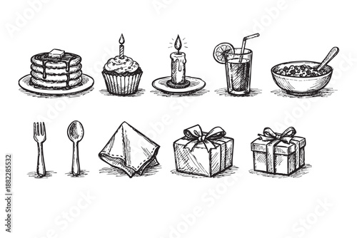 Black and white sketch featuring breakfast foods, gifts, and dining utensils in a festive arrangement, perfect for illustrations, cards, and creative projects.