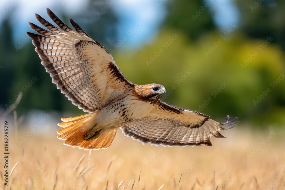 Fototapeta premium Hawk in flight against a green backdrop