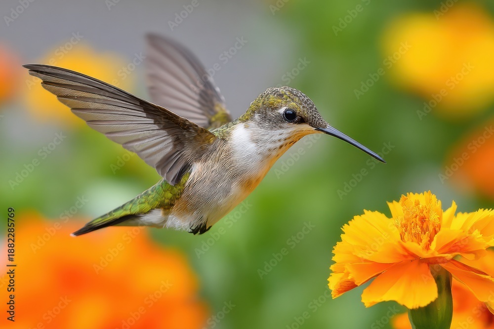 Fototapeta premium Vibrant hummingbird hovering near flowers