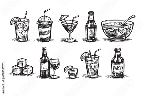 A collection of hand-drawn cocktail and drink illustrations in black and white, showcasing various alcoholic and non-alcoholic beverages for party or bar concepts.