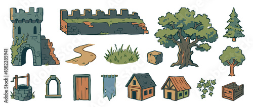 Set of fantasy role-playing game elements with a ruined castle, medieval houses, trees, a stone well, and various props in a colorful hand-drawn cartoon style