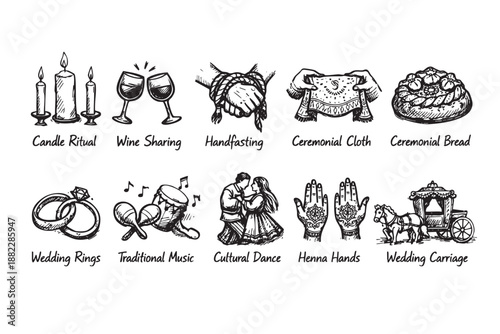 Black and white hand-drawn style icons of traditional wedding rituals, perfect for wedding planners and blog designs.