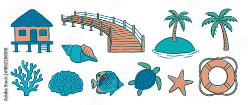 Colorful collection of summer vacation illustrations with a tropical theme, including a beach hut, island, bridge, turtle, fish, and seashell in a cute hand-drawn sketch style