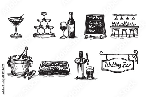 Detailed black and white illustration featuring various bar elements perfect for menu design or wedding materials, creating a classic and elegant visual.