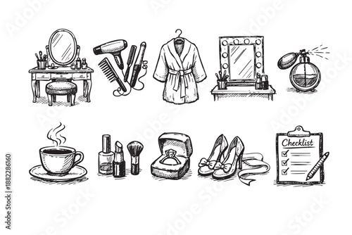 Hand-drawn style illustration showcasing wedding preparation items such as vanity, ring, checklist, and beauty accessories, conveying a celebratory and anticipation mood.