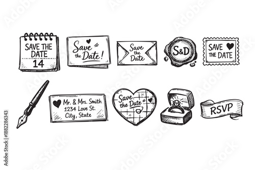 A set of ten hand-drawn style illustrations featuring save the date elements for a wedding invitation and rsvp, perfect for cards and invitations.
