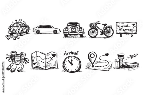 A sketch compilation of wedding-related travel icons, like a getaway car, bicycle, map, and airport, conveying themes of honeymoon and journey.
