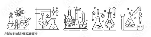 Chemistry lab experiment glassware icons, scientific research
