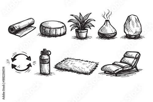 Hand-drawn sketch of wellness lifestyle objects, including a yoga mat, plant, essential oil diffuser, salt lamp, chaise lounge chair, and water bottle; perfect for promoting mindfulness.