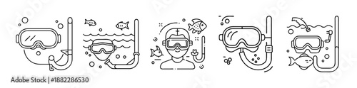 Snorkeling and scuba diving gear and underwater activity icons