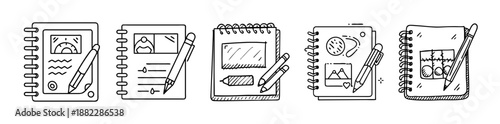 Hand drawn doodle notebook and pencil icon set for creativity