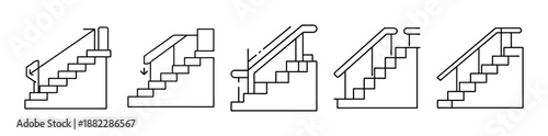 Staircase and handrail line icons set for architecture design