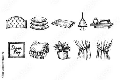 This illustration features hand-drawn interior design elements in black ink on a clean white background, perfect for design concepts or home decoration projects.
