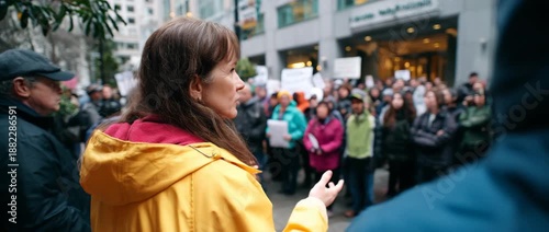 A determined woman speaks to a crowd at a rally, embodying activism and community spirit.