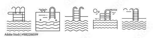 Swimming pool ladders and water surface outline vector icons
