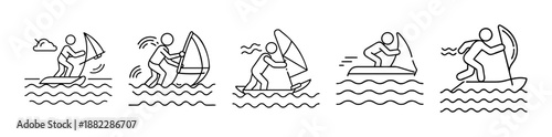 Windsurfing sport activity vector line art icons collection