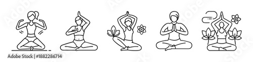 Women practicing yoga and meditation poses line art icons