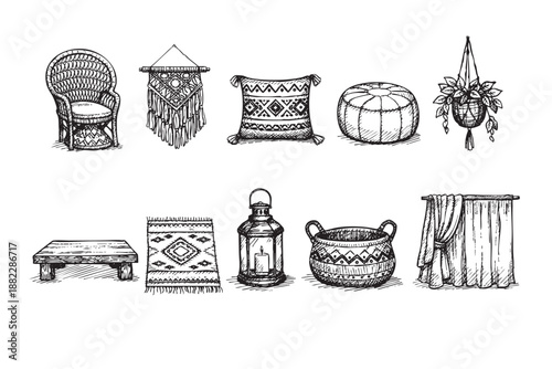Hand-drawn illustration featuring various boho-style home decor elements, including a chair, rug, and lantern, ideal for design projects.