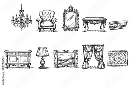 Sketch of an antique set with chandelier, armchair, mirror, table, nightstand, lamp, painting, curtains and rug, all outlined in black ink on a white backdrop.