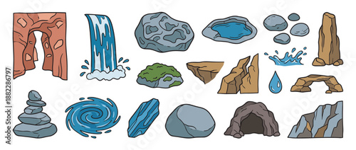 Large set of hand-drawn nature icons featuring various geological formations and water elements like a waterfall, whirlpool, cave, and stone arch in a simple cartoon style