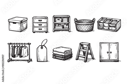 Hand-drawn illustration features closet organization items on a clean white background, perfect for blog illustrations about home organization tips.