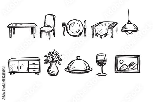 A sketchy illustration of dining furniture and tableware, including tables, a chair, dinnerware, wine glass, and decor elements in black on a white backdrop.