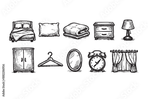 A set of hand-drawn bedroom furniture illustrations including a bed, pillow, lamp, and alarm clock in a sketchy style on a white background.