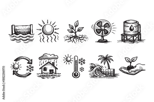 This black and white vector shows environmental icons like flooding, drought, and temperature change, illustrating climate change issues.
