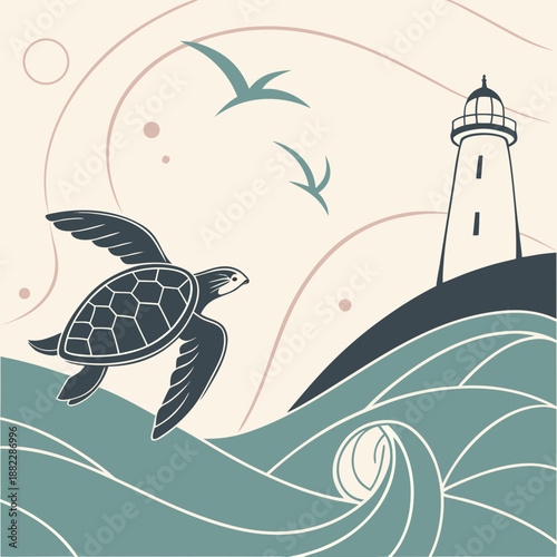 Sea turtle swimming near a lighthouse with waves and seagulls flying overhead