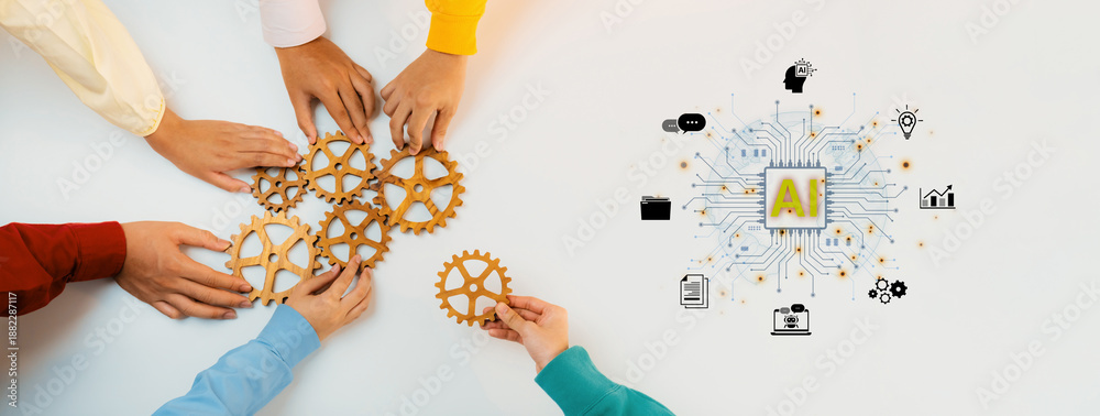 Obraz premium A concept of a global AI platform providing integrated business solutions. This central intelligence powers worldwide operations, from data analysis and automation to innovation. Fermion