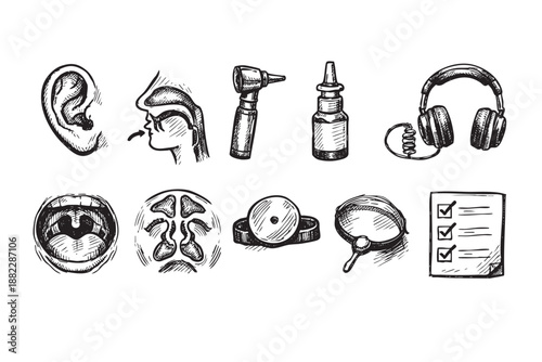 Black and white sketch illustrations of ear, nose and throat diagnostic tools and anatomy on a white background, for medical textbooks, website design, or educational resources.