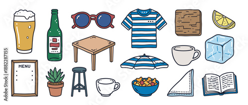 Collection of hand-drawn doodle icons representing summer vacation and cafe life with beer, a menu, sunglasses, a striped shirt, and a beach umbrella in a cute cartoon style