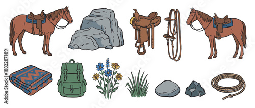 Hand-drawn collection of western adventure and camping items featuring a saddled horse, leather tack, backpack, rope, blanket, rocks, and wildflowers in a charming cartoon style