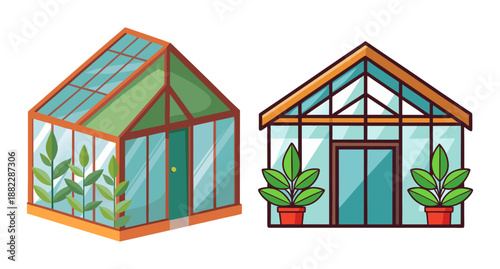 Two greenhouses with plants and wooden frames detailed