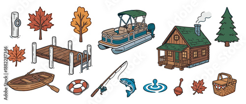 Collection of hand-drawn lake vacation icons featuring a rustic cabin, pontoon boat, fishing gear, and autumn leaves in a charming cartoon style