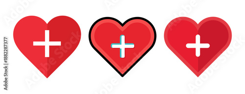 Red heart symbols with white plus signs isolated icons set