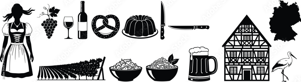 Fototapeta premium German Oktoberfest culture silhouettes featuring traditional dress, beer, wine, food, vineyard, half timbered house symbols vector illustration set