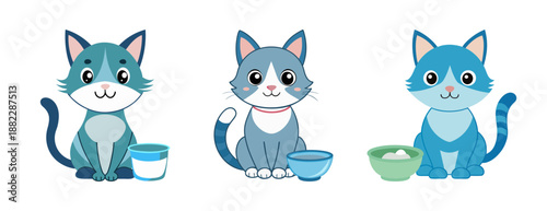 Cute cartoon kittens with milk bowls adorable feline friends