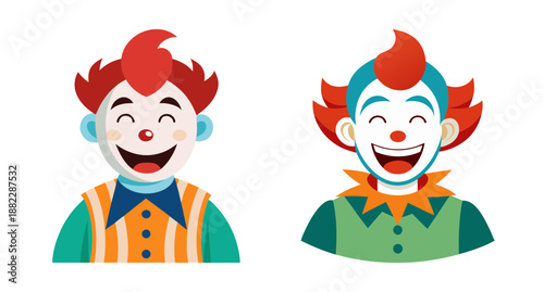 Two cheerful clowns smiling with red hair and colorful costumes